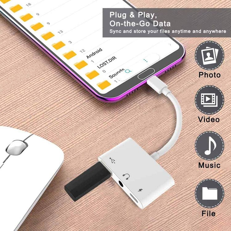 3 in 1 USB-C OTG Adapter with 3.5mm Headphone Jack, Compatible for iPad Pro and Type-C Jack Phone