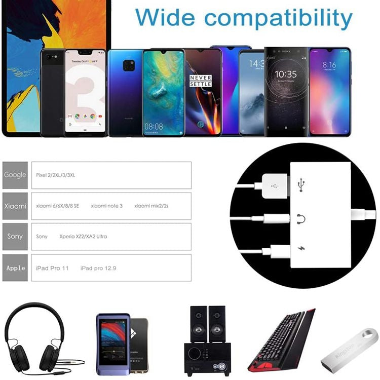 3 in 1 USB-C OTG Adapter with 3.5mm Headphone Jack, Compatible for iPad Pro and Type-C Jack Phone