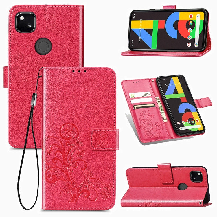 For Google Pixel 4A Four-leaf Clasp Embossed Buckle Mobile Phone Protection Leather Case with Lanyard & Card Slot & Wallet & Bracket Function