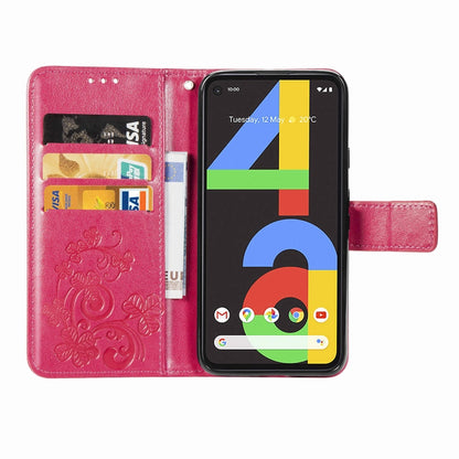 For Google Pixel 4A Four-leaf Clasp Embossed Buckle Mobile Phone Protection Leather Case with Lanyard & Card Slot & Wallet & Bracket Function