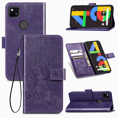 For Google Pixel 4A Four-leaf Clasp Embossed Buckle Mobile Phone Protection Leather Case with Lanyard & Card Slot & Wallet & Bracket Function