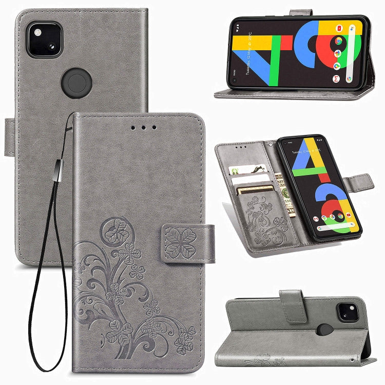 For Google Pixel 4A Four-leaf Clasp Embossed Buckle Mobile Phone Protection Leather Case with Lanyard & Card Slot & Wallet & Bracket Function