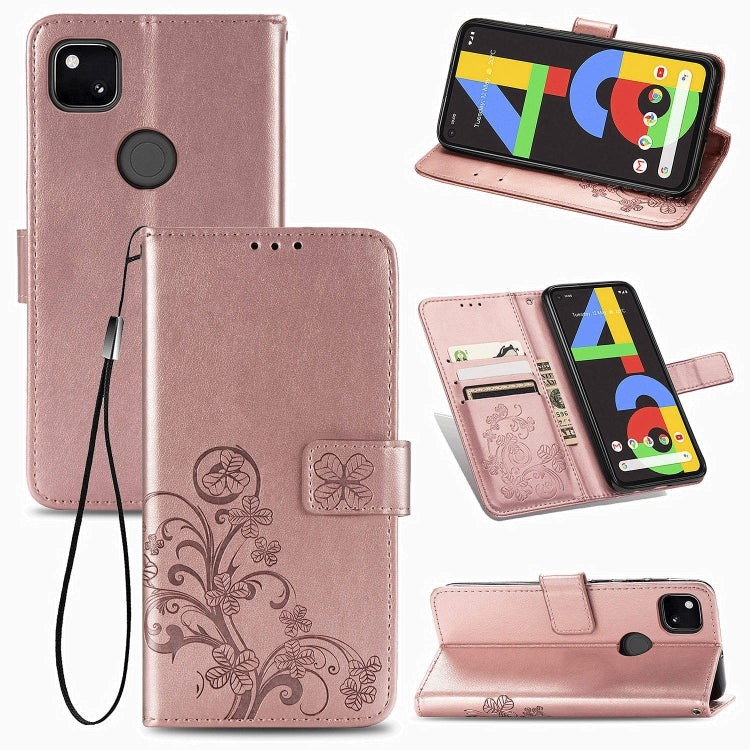 For Google Pixel 4A Four-leaf Clasp Embossed Buckle Mobile Phone Protection Leather Case with Lanyard & Card Slot & Wallet & Bracket Function