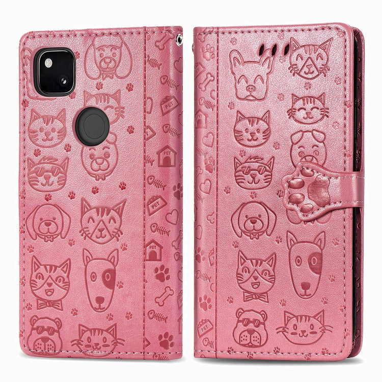 For Google Pixel 4A Cute Cat and Dog Embossed Horizontal Flip Leather Case with Bracket / Card Slot / Wallet / Lanyard