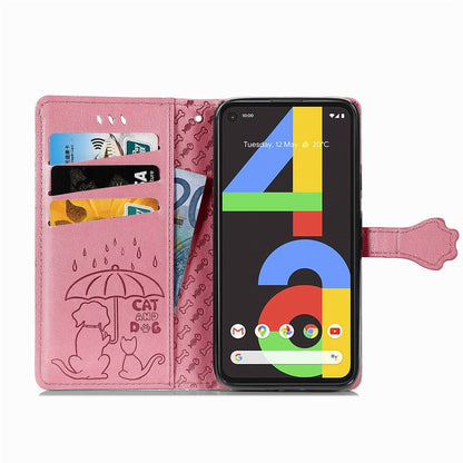 For Google Pixel 4A Cute Cat and Dog Embossed Horizontal Flip Leather Case with Bracket / Card Slot / Wallet / Lanyard