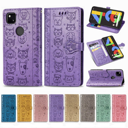 For Google Pixel 4A Cute Cat and Dog Embossed Horizontal Flip Leather Case with Bracket / Card Slot / Wallet / Lanyard