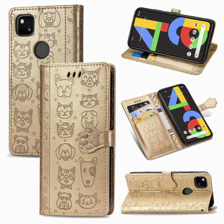 For Google Pixel 4A Cute Cat and Dog Embossed Horizontal Flip Leather Case with Bracket / Card Slot / Wallet / Lanyard