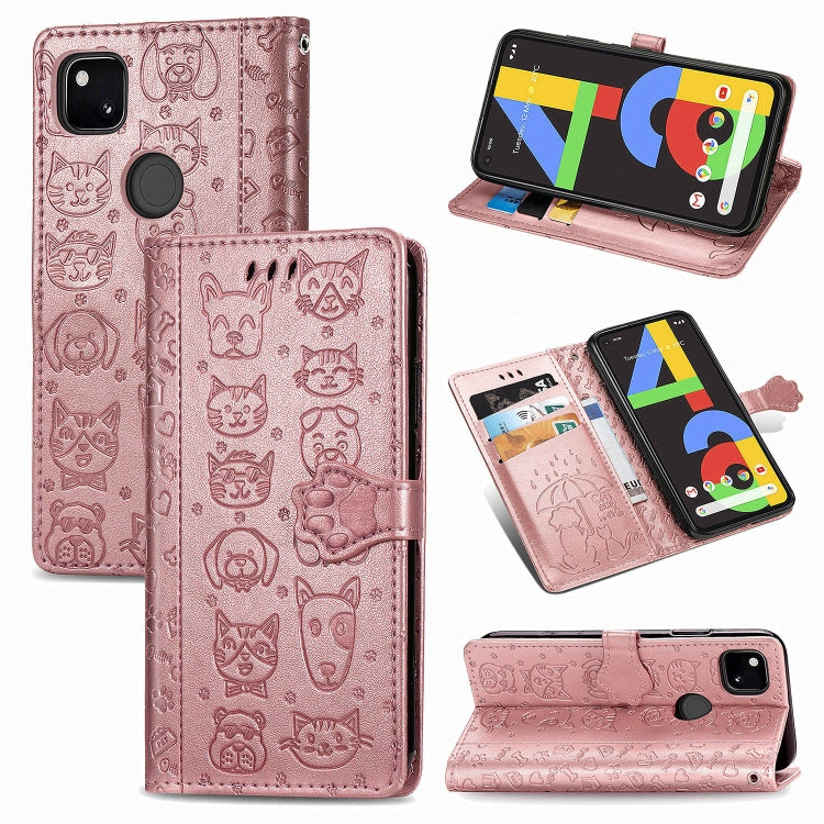 For Google Pixel 4A Cute Cat and Dog Embossed Horizontal Flip Leather Case with Bracket / Card Slot / Wallet / Lanyard