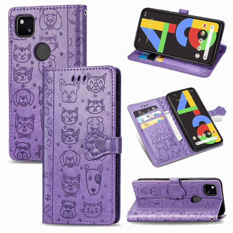 For Google Pixel 4A Cute Cat and Dog Embossed Horizontal Flip Leather Case with Bracket / Card Slot / Wallet / Lanyard