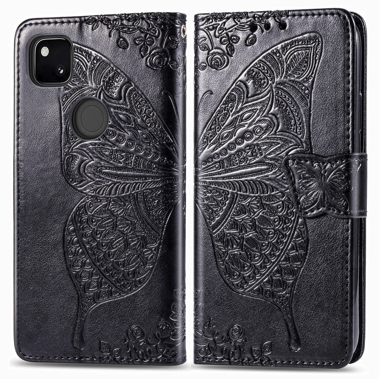 For Google Pixel 4A Butterfly Love Flower Embossed Horizontal Flip Leather Case with Bracket / Card Slot / Wallet / Lanyard