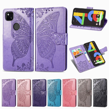 For Google Pixel 4A Butterfly Love Flower Embossed Horizontal Flip Leather Case with Bracket / Card Slot / Wallet / Lanyard