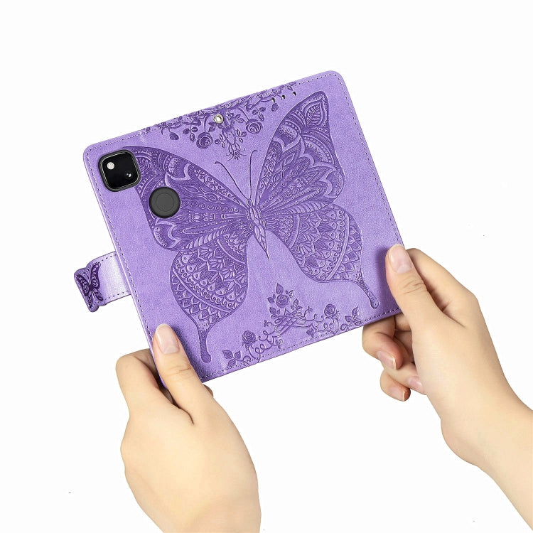 For Google Pixel 4A Butterfly Love Flower Embossed Horizontal Flip Leather Case with Bracket / Card Slot / Wallet / Lanyard