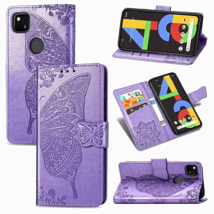 For Google Pixel 4A Butterfly Love Flower Embossed Horizontal Flip Leather Case with Bracket / Card Slot / Wallet / Lanyard