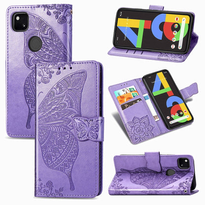 For Google Pixel 4A Butterfly Love Flower Embossed Horizontal Flip Leather Case with Bracket / Card Slot / Wallet / Lanyard