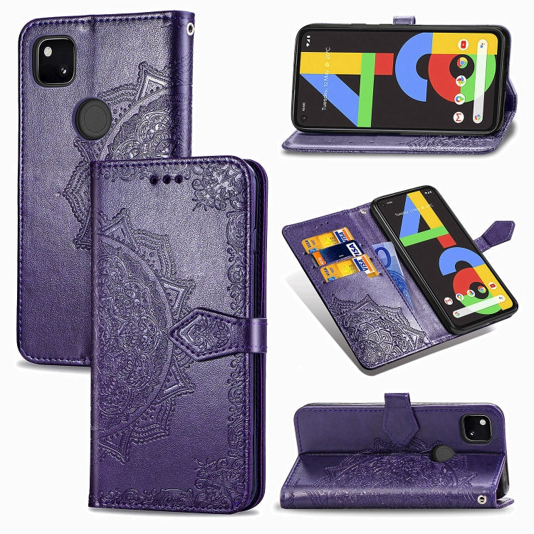 For Google Pixel 4a Mandala Flower Embossed Horizontal Flip Leather Case with Bracket / Card Slot / Wallet / Lanyard