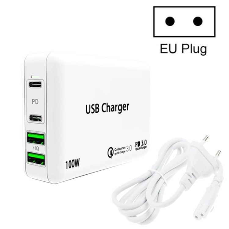 PD 100W Dual USB-C / Type-C + Dual USB 4-port Charger with Power Cable for Apple / Huawei / Samsung Laptop, EU Plug, US Plug, UK Plug