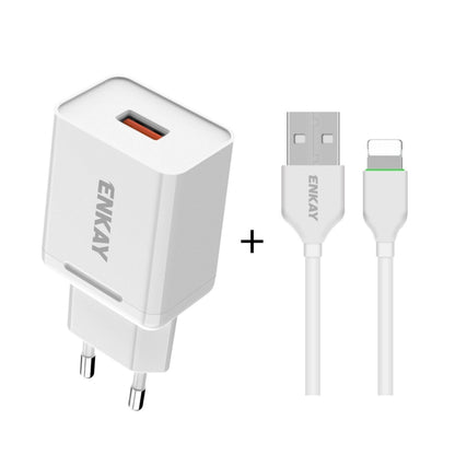 ENKAY Hat-Prince T006-1 18W 3A QC3.0 Fast Charging Power Adapter EU Plug Portable Travel Charger, With 3A 1m 8 Pin Cable, With 3A 1m Type-C Cable, With 3A 1m Micro USB Cable