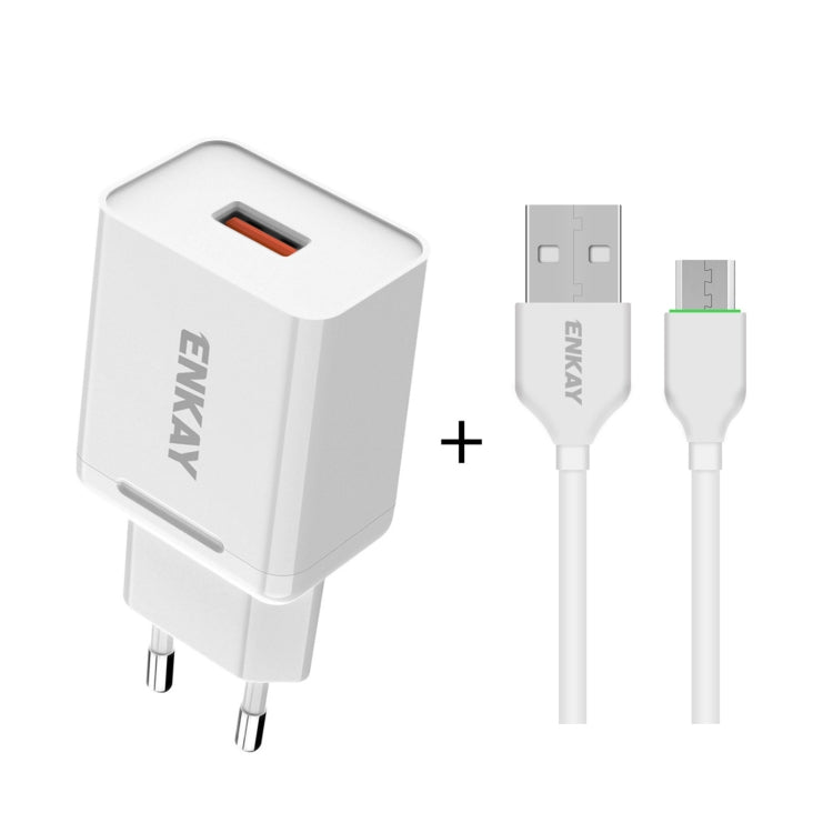 ENKAY Hat-Prince T006-1 18W 3A QC3.0 Fast Charging Power Adapter EU Plug Portable Travel Charger, With 3A 1m 8 Pin Cable, With 3A 1m Type-C Cable, With 3A 1m Micro USB Cable