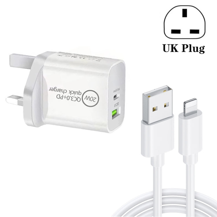 SDC-20WA+C 20W PD 3.0 + QC 3.0 USB Dual Fast Charging Universal Travel Charger with Micro USB to 8 Pin Fast Charging Data Cable, UK Plug