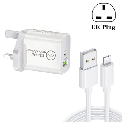 SDC-20WA+C 20W PD 3.0 + QC 3.0 USB Dual Fast Charging Universal Travel Charger with Micro USB to 8 Pin Fast Charging Data Cable, UK Plug
