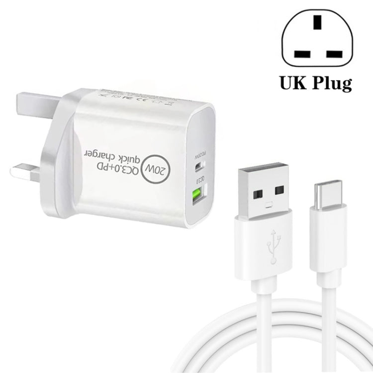 SDC-20WA+C 20W PD 3.0 + QC 3.0 USB Dual Fast Charging Universal Travel Charger with USB to Type-C / USB-C Fast Charging Data Cable, UK Plug