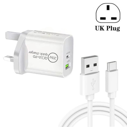 SDC-20WA+C 20W PD 3.0 + QC 3.0 USB Dual Fast Charging Universal Travel Charger with USB to Type-C / USB-C Fast Charging Data Cable, UK Plug