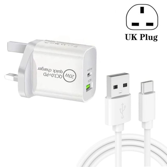 SDC-20WA+C 20W PD 3.0 + QC 3.0 USB Dual Fast Charging Universal Travel Charger with USB to Type-C / USB-C Fast Charging Data Cable, UK Plug