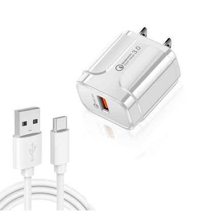 LZ-023 18W  QC3.0 USB Portable Travel Charger + 3A USB toType-C Data Cable, US Plug, Type-C Data Cable, US Plug