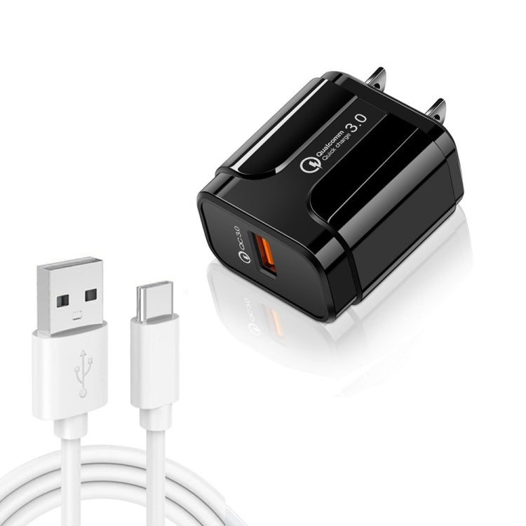 LZ-023 18W  QC3.0 USB Portable Travel Charger + 3A USB toType-C Data Cable, US Plug, Type-C Data Cable, US Plug