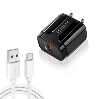 LZ-023 18W  QC3.0 USB Portable Travel Charger + 3A USB toType-C Data Cable, US Plug, Type-C Data Cable, US Plug