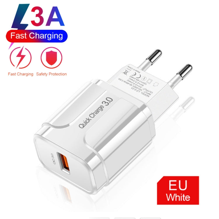 LZ-023 18W QC 3.0 USB Portable Travel Charger + 3A USB to Type-C Data Cable, EU Plug, Type-C Data Cable, EU Plug
