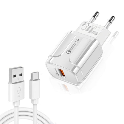 LZ-023 18W QC 3.0 USB Portable Travel Charger + 3A USB to Type-C Data Cable, EU Plug, Type-C Data Cable, EU Plug