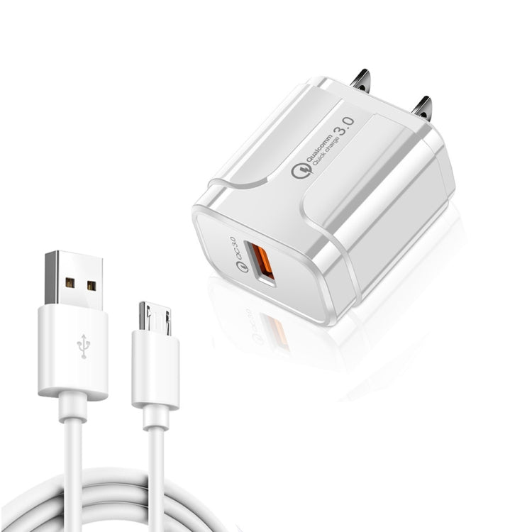 LZ-023 18W QC 3.0 USB Portable Travel Charger + 3A USB to Micro USB Data Cable, US Plug, Micro USB Data Cable, US Plug