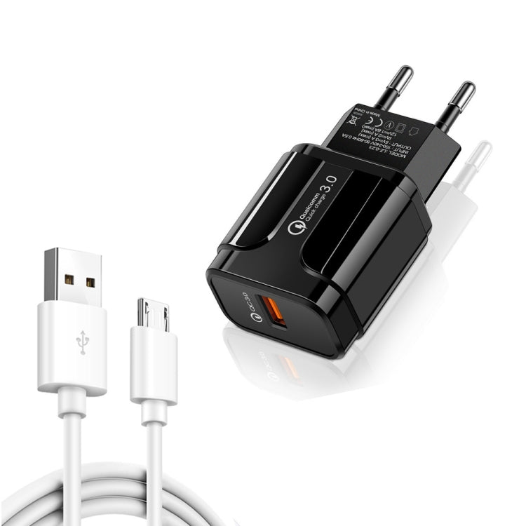 LZ-023 18W QC 3.0 USB Portable Travel Charger + 3A USB to Micro USB Data Cable, EU Plug, Micro USB Data Cable, EU Plug