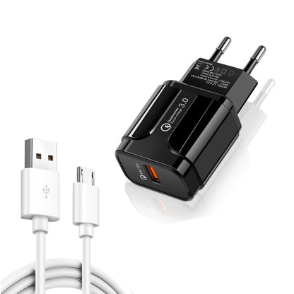 LZ-023 18W QC 3.0 USB Portable Travel Charger + 3A USB to Micro USB Data Cable, EU Plug, Micro USB Data Cable, EU Plug