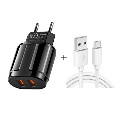 Dual USB Portable Travel Charger + 1 Meter USB to Type-C Data Cable, EU Plug