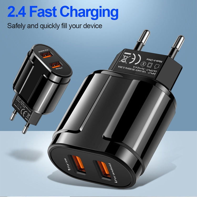 Dual USB Portable Travel Charger + 1 Meter USB to Type-C Data Cable, EU Plug