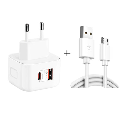 YSY-6087PD 20W PD3.0 + QC3.0 Dual Fast Charge Travel Charger with USB to Micro USB Data Cable, EU Plug, US Plug, UK Plug