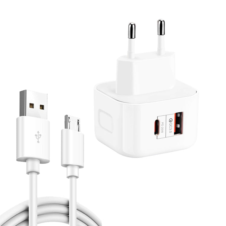 YSY-6087PD 20W PD3.0 + QC3.0 Dual Fast Charge Travel Charger with USB to Micro USB Data Cable, EU Plug, US Plug, UK Plug