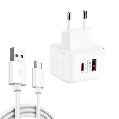 YSY-6087PD 20W PD3.0 + QC3.0 Dual Fast Charge Travel Charger with USB to Micro USB Data Cable, EU Plug, US Plug, UK Plug