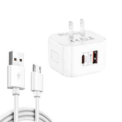 YSY-6087PD 20W PD3.0 + QC3.0 Dual Fast Charge Travel Charger with USB to Micro USB Data Cable, EU Plug, US Plug, UK Plug