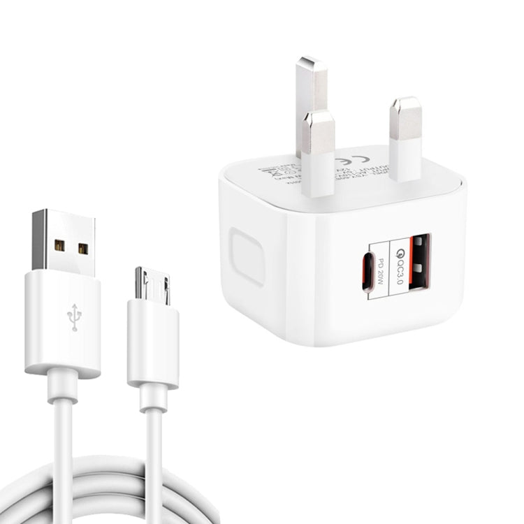 YSY-6087PD 20W PD3.0 + QC3.0 Dual Fast Charge Travel Charger with USB to Micro USB Data Cable, EU Plug, US Plug, UK Plug