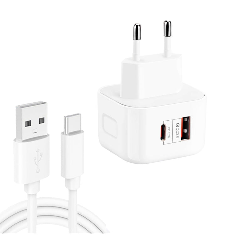 YSY-6087PD 20W PD3.0 + QC3.0 Dual Fast Charge Travel Charger with USB to Type-C Data Cable, EU Plug, US Plug, UK Plug