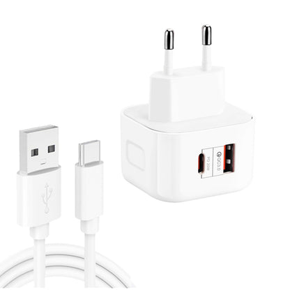 YSY-6087PD 20W PD3.0 + QC3.0 Dual Fast Charge Travel Charger with USB to Type-C Data Cable, EU Plug, US Plug, UK Plug