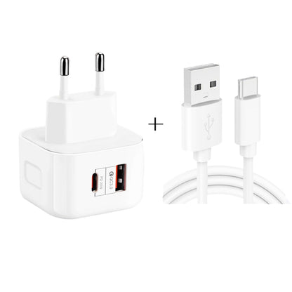 YSY-6087PD 20W PD3.0 + QC3.0 Dual Fast Charge Travel Charger with USB to Type-C Data Cable, EU Plug, US Plug, UK Plug