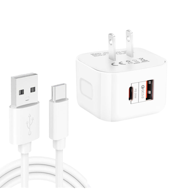 YSY-6087PD 20W PD3.0 + QC3.0 Dual Fast Charge Travel Charger with USB to Type-C Data Cable, EU Plug, US Plug, UK Plug
