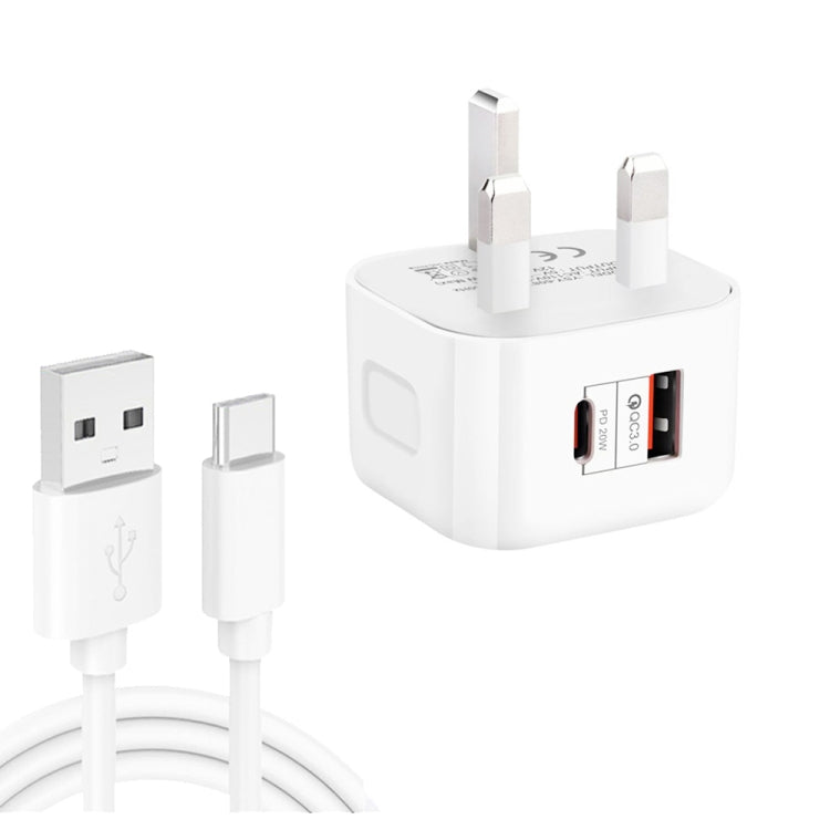 YSY-6087PD 20W PD3.0 + QC3.0 Dual Fast Charge Travel Charger with USB to Type-C Data Cable, EU Plug, US Plug, UK Plug
