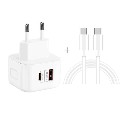 YSY-6087PD 20W PD3.0 + QC3.0 Dual Fast Charge Travel Charger with Type-C to Type-C Data Cable, EU Plug, US Plug, UK Plug