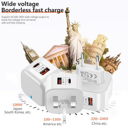 YSY-6087PD 20W PD3.0 + QC3.0 Dual Fast Charge Travel Charger with Type-C to Type-C Data Cable, EU Plug, US Plug, UK Plug