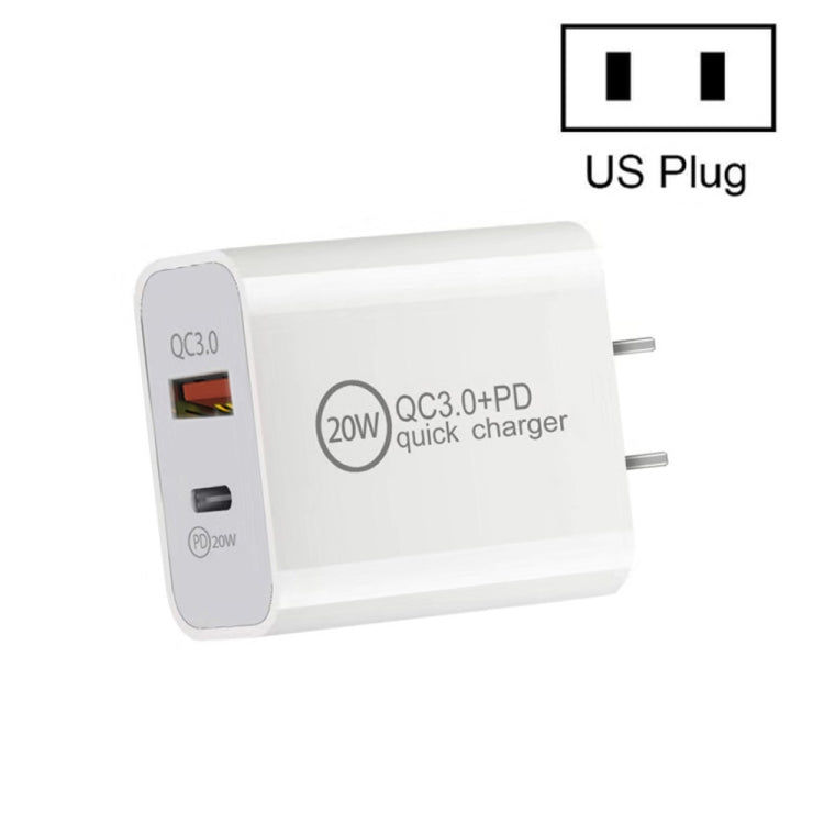 Dual Fast Charging 20W PD3.0+QC 3.0 Interface Travel Charger for iPhone, Huawei, Samsung, Xiaomi